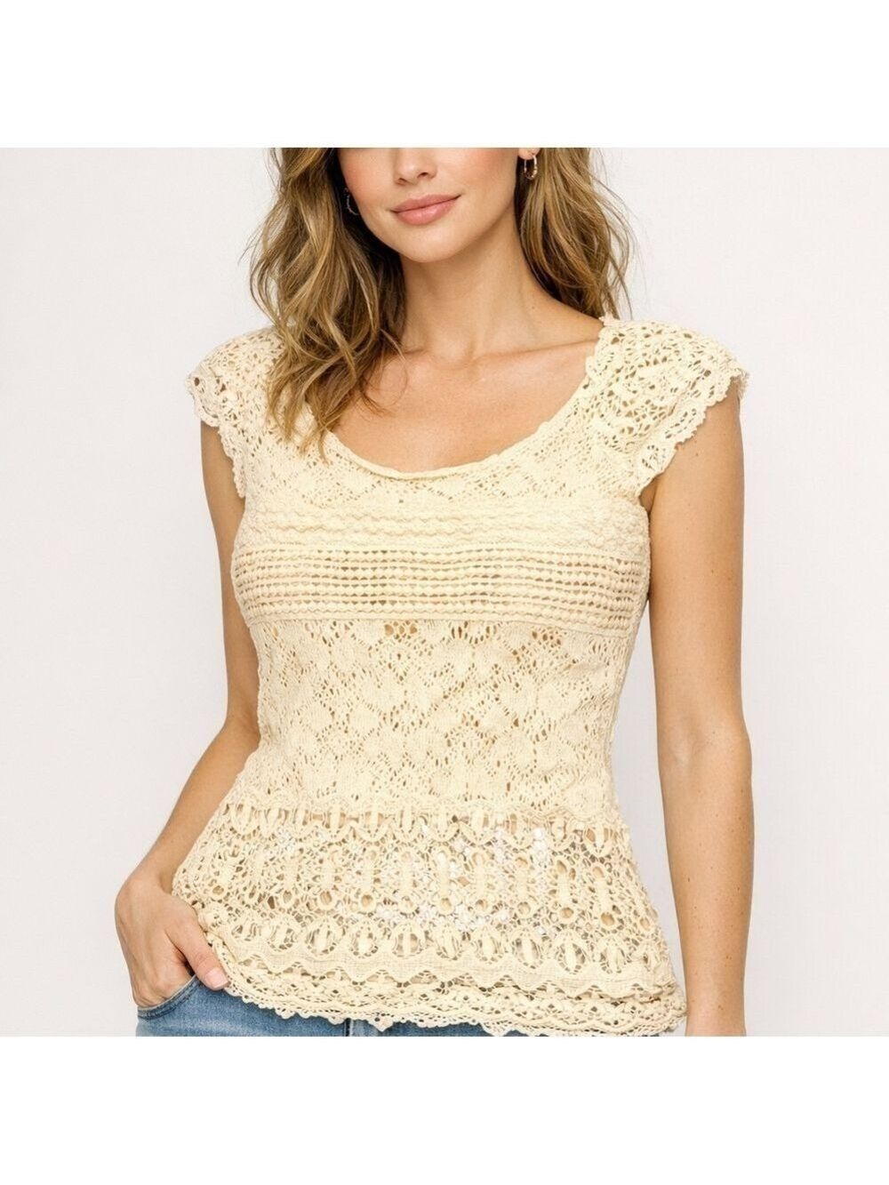 One.September Lace Cap Cream Ecru Crochet Knit Cotton Sweater Top Blouse Size XS